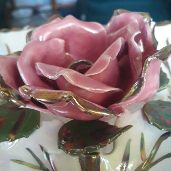 Irredecsint ceramic glazed rose candy/chip dish, unique handpainted vintage bowl - Picture 11 of 11